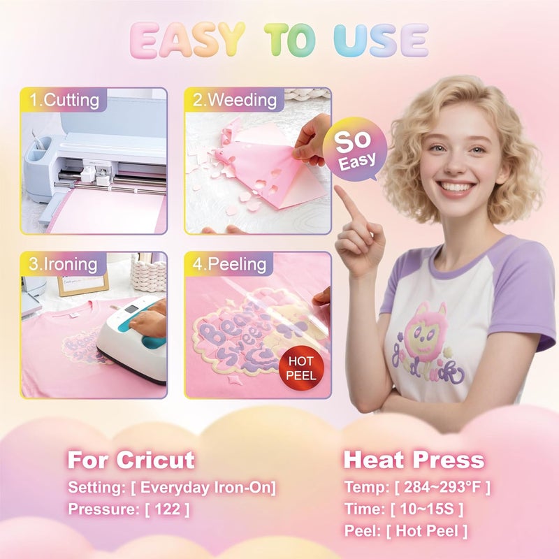 HTVJOYDO 12Pcs Puff Vinyl Heat Transfer, 12x10Inch Pastel Colors 3D Puff HTV, DIY Iron-on Vinyl for T-Shirts, Easy to Cut and Weed, Compatible with Cricut or Cameo (Macaron Color) - Image 4